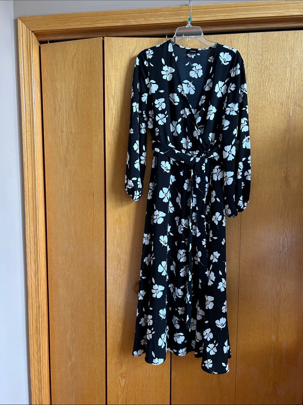 Black Floral Wrap Dress with White Blossoms